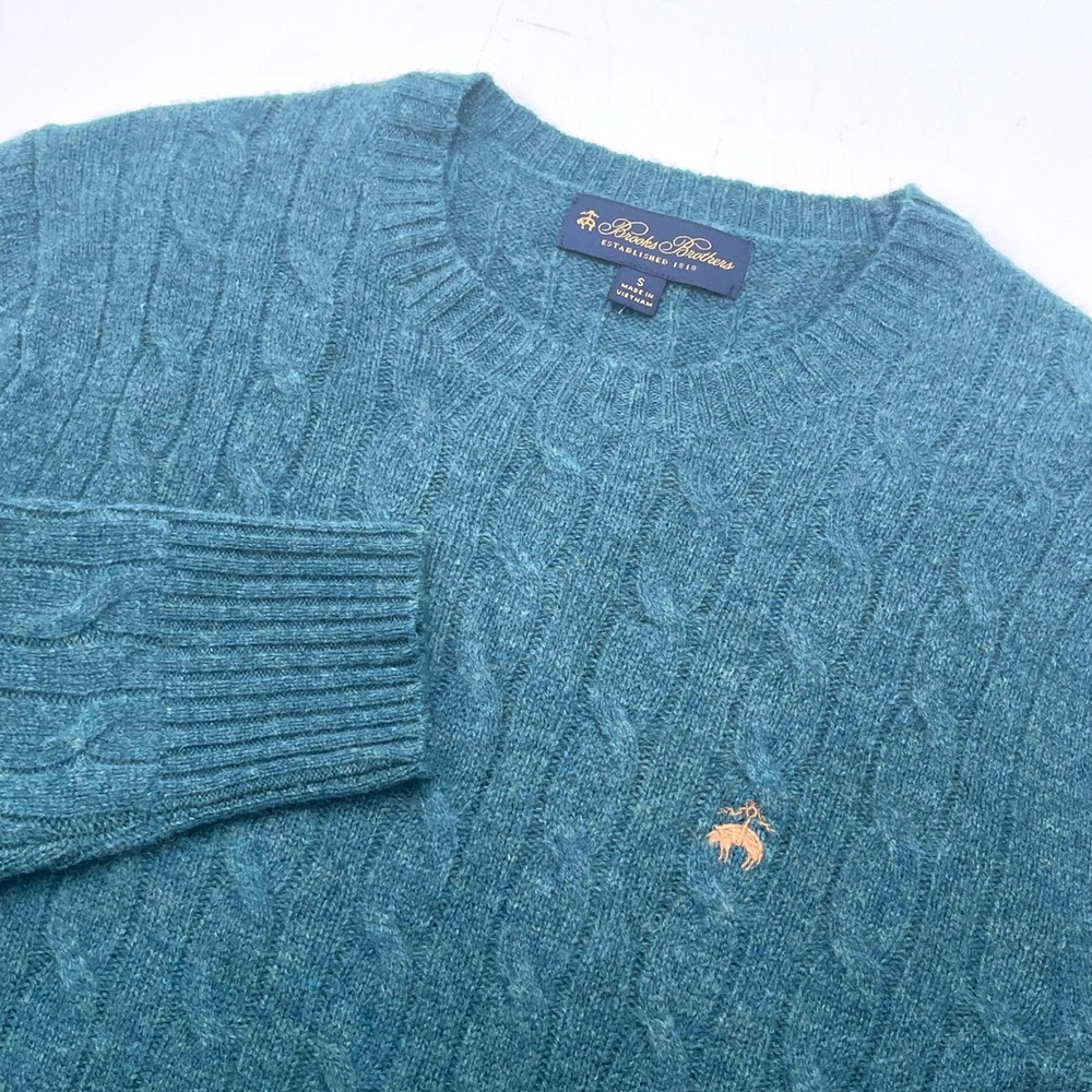 Brooks Brothers Womens Lambswool Cable Knit Sweater Teal Blue Crew Neck Small